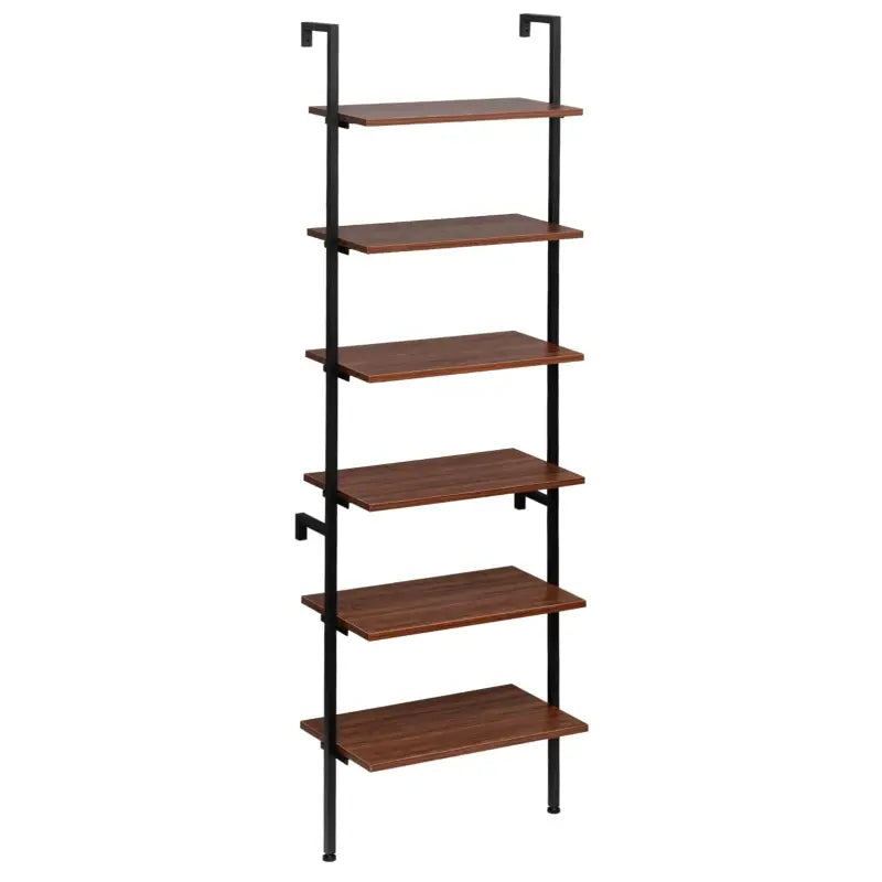 BukkitBow multifunctioneel ladderrek met 6 planken, stalen frame, donker eikenhout, zwart frame, afmetingen 60x204x30cm.