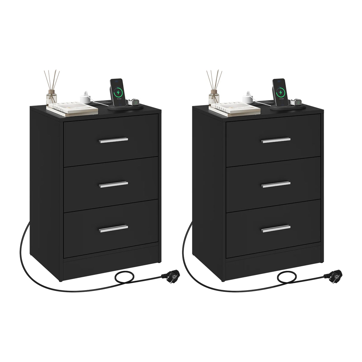 Houten BukkitBow nachtkastje met drie laden en USB-oplaadstation, modern ontwerp voor slaapkamer.