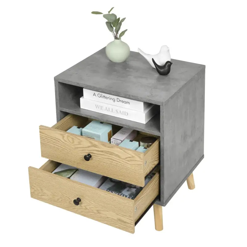 BukkitBow nachtkastje met 2 laden, grijs met licht eikenhout, afmetingen 45x56x40cm, maximale belasting 30kg, moderne slaapkamer meubel