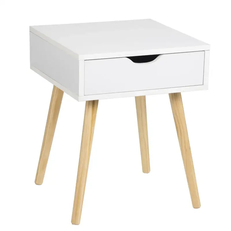 BukkitBow nachtkastje met lade, MDF en massief hout, wit of grijs, afmetingen 40x40x50cm, maximale belasting 5kg.