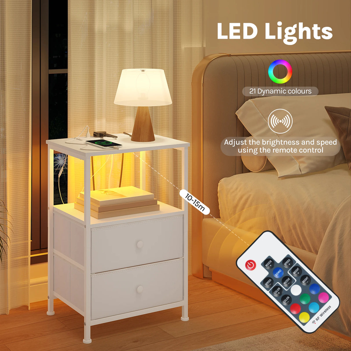 BukkitBow nachtkastje van metaal en hout met LED-verlichting en USB-poorten, modern design voor slaapkamer.