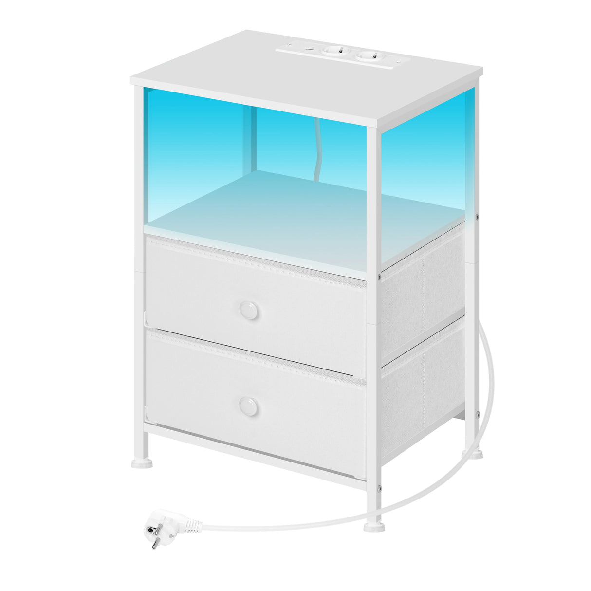 BukkitBow nachtkastje van metaal en hout met LED-verlichting en USB-poorten, modern design voor slaapkamer.