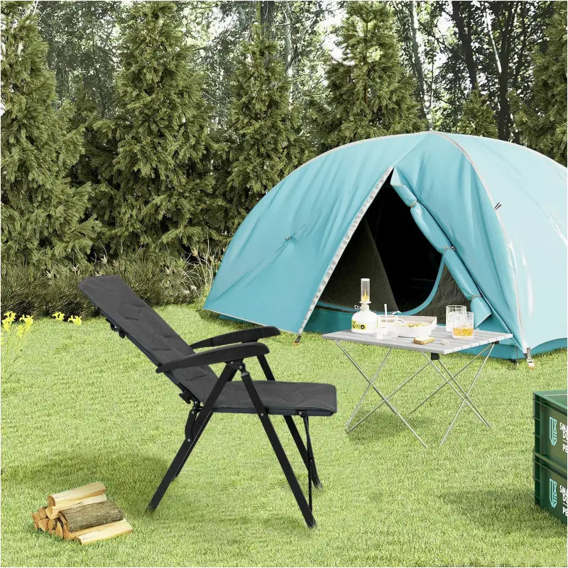 BukkitBow opvouwbare campingstoel met mesh stof, verstelbare rugleuning en metalen frame, draagvermogen 150 kg.