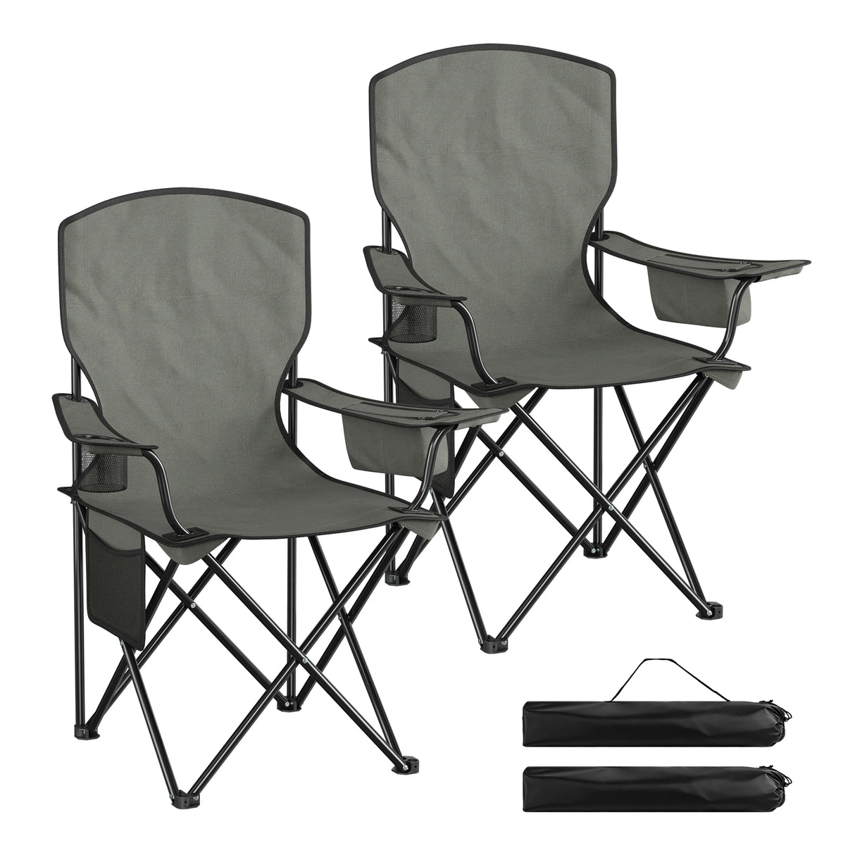 Set van 2 BukkitBow opvouwbare campingstoelen met hoge rugleuning, lichtgewicht en comfortabel voor buitengebruik.