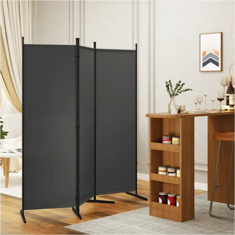 BukkitBow opvouwbare kamerscherm met 4 panelen in donkergrijs, afmetingen 167x177cm of 223x177cm, voor privacy en scheiding.