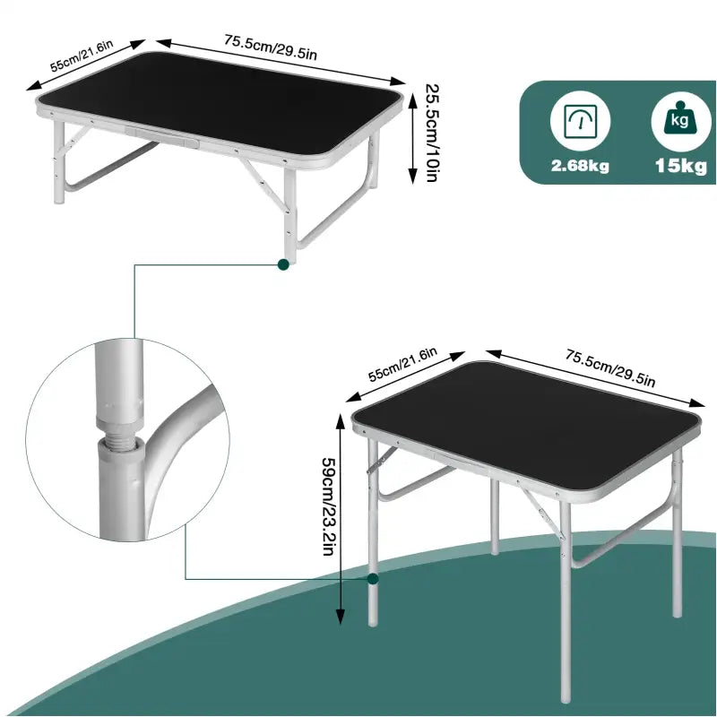 BukkitBow opvouwbare campingtafel met instelbare hoogte, lichtgewicht, 30kg draagkracht, afmetingen 75x55x(25-60)cm, geschikt voor kamperen.