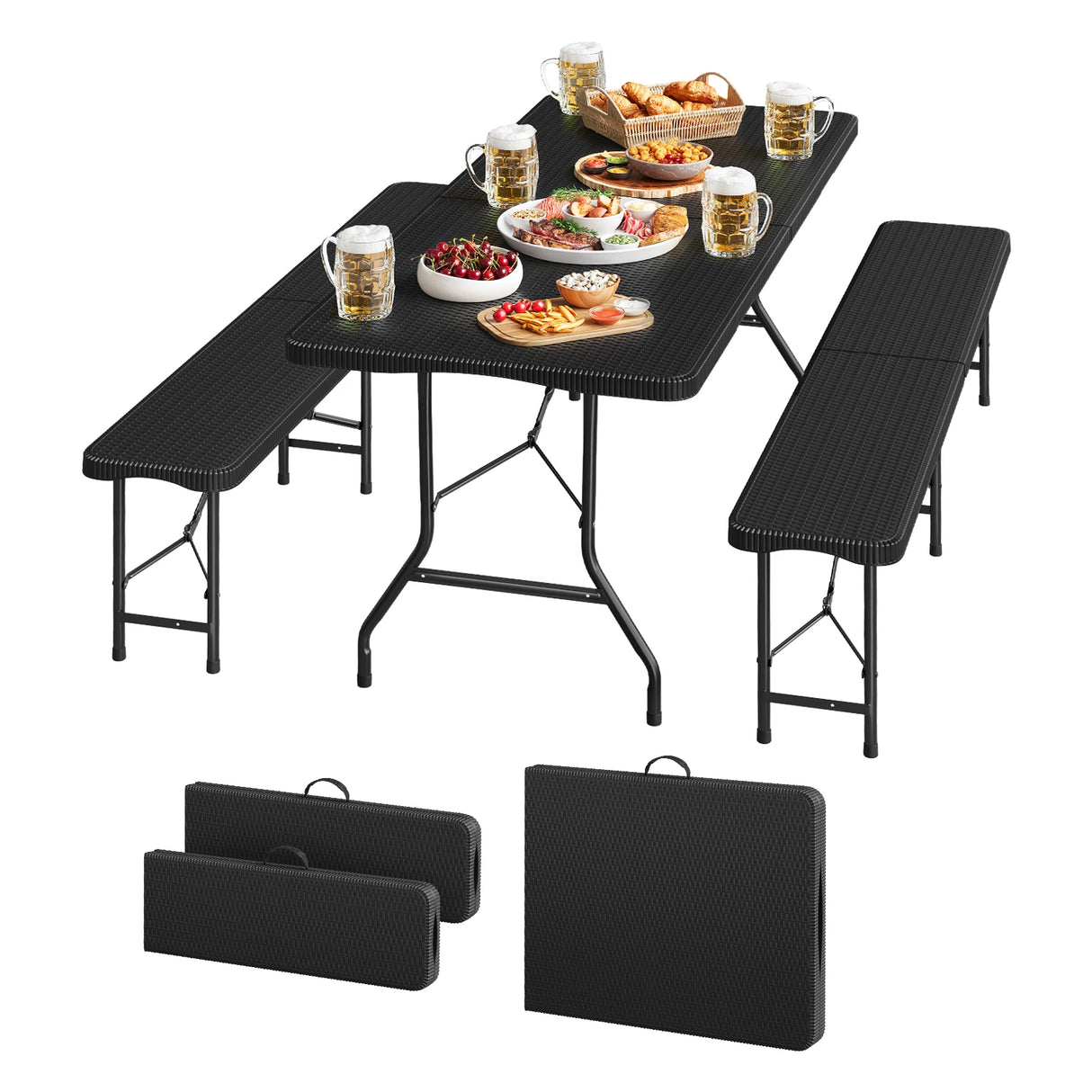 BukkitBow opvouwbare picknickset 3-delig in rattan look, 180cm, inclusief tafel en stoelen, voor buiten picknicks