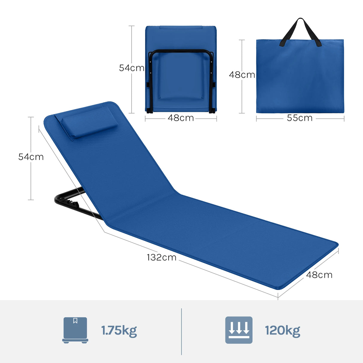 BukkitBow opvouwbare strandmat met verstelbare rugleuning en draagtas, ideale comfortabele ligplek voor op het strand
