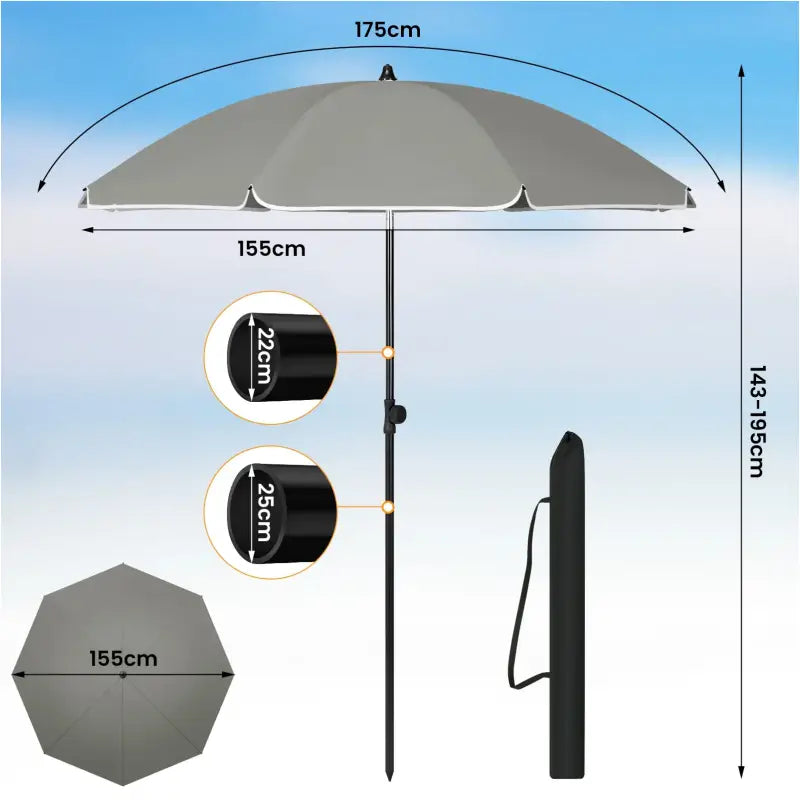 BukkitBow UV-bestendig strandparasol, rond met verstelbare hoogte en 45° buiging, geschikt voor op het strand of bij de tuin.