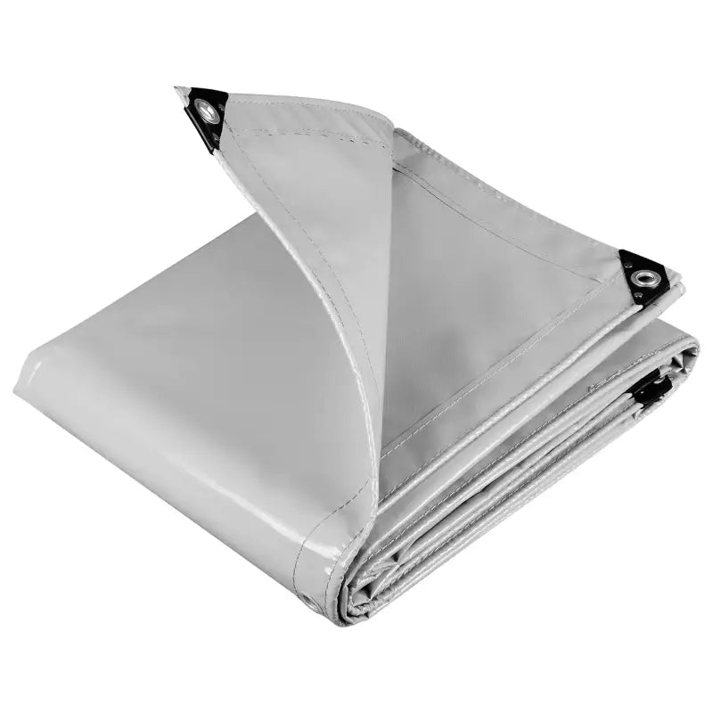 Lichtgrijs PVC afdekzeil van BukkitBow, weer- en UV-bestendig, 500g/m², met gegalvaniseerde oogjes, voor diverse toepassingen.