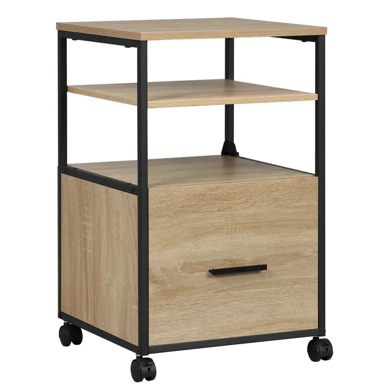 Verrijdbare BukkitBow rolcontainer archiefkast met 1 lade en 2 open vakken, afmetingen 40x40x66 cm, geschikt voor archiefopslag.