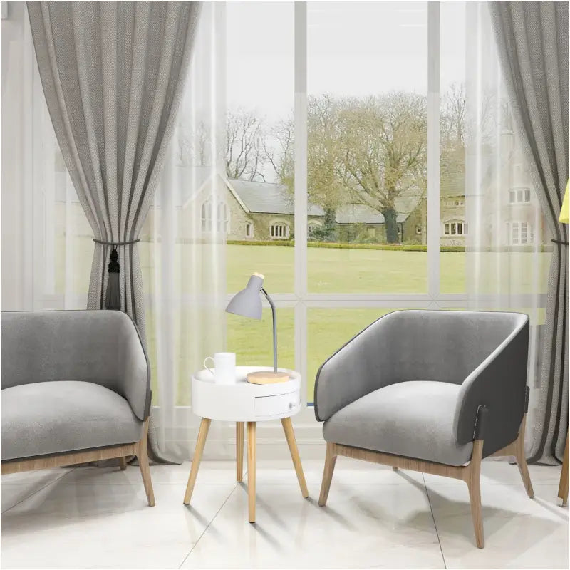 Rond BukkitBow nachtkastje van MDF en massief hout met lade, afmetingen 38x38x45,5 cm, geschikt voor max 10 kg.