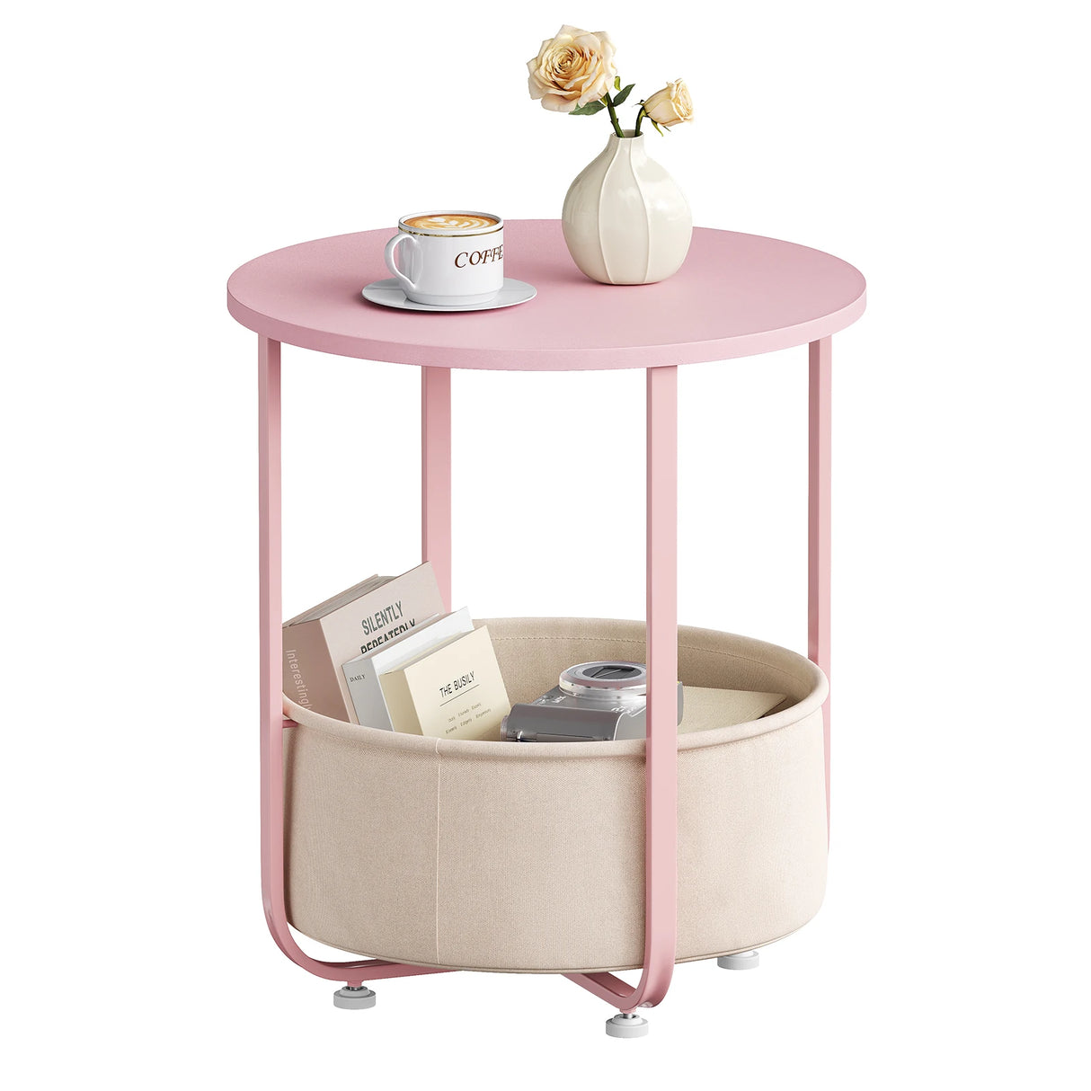 Ronde BukkitBow bijzettafel met stoffen opbergmand en metalen frame, stijlvolle en praktische woonaccessoire.