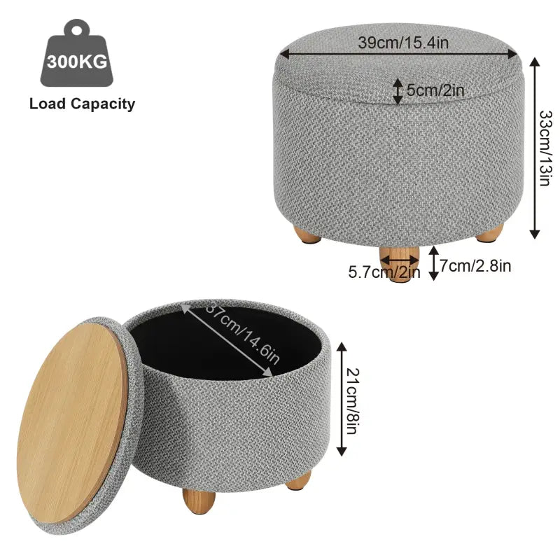 Ronde BukkitBow opbergpoef met zitkist en voetenbank, 39x39x33 cm, met opbergruimte en houten deskel.