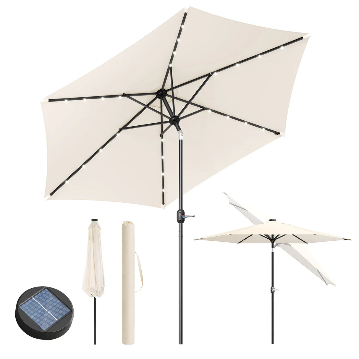 Ronde BukkitBow parasol 300cm met solar LED-verlichting en beschermhoes, ideaal voor buitenbarbecues en terrasgebruik.