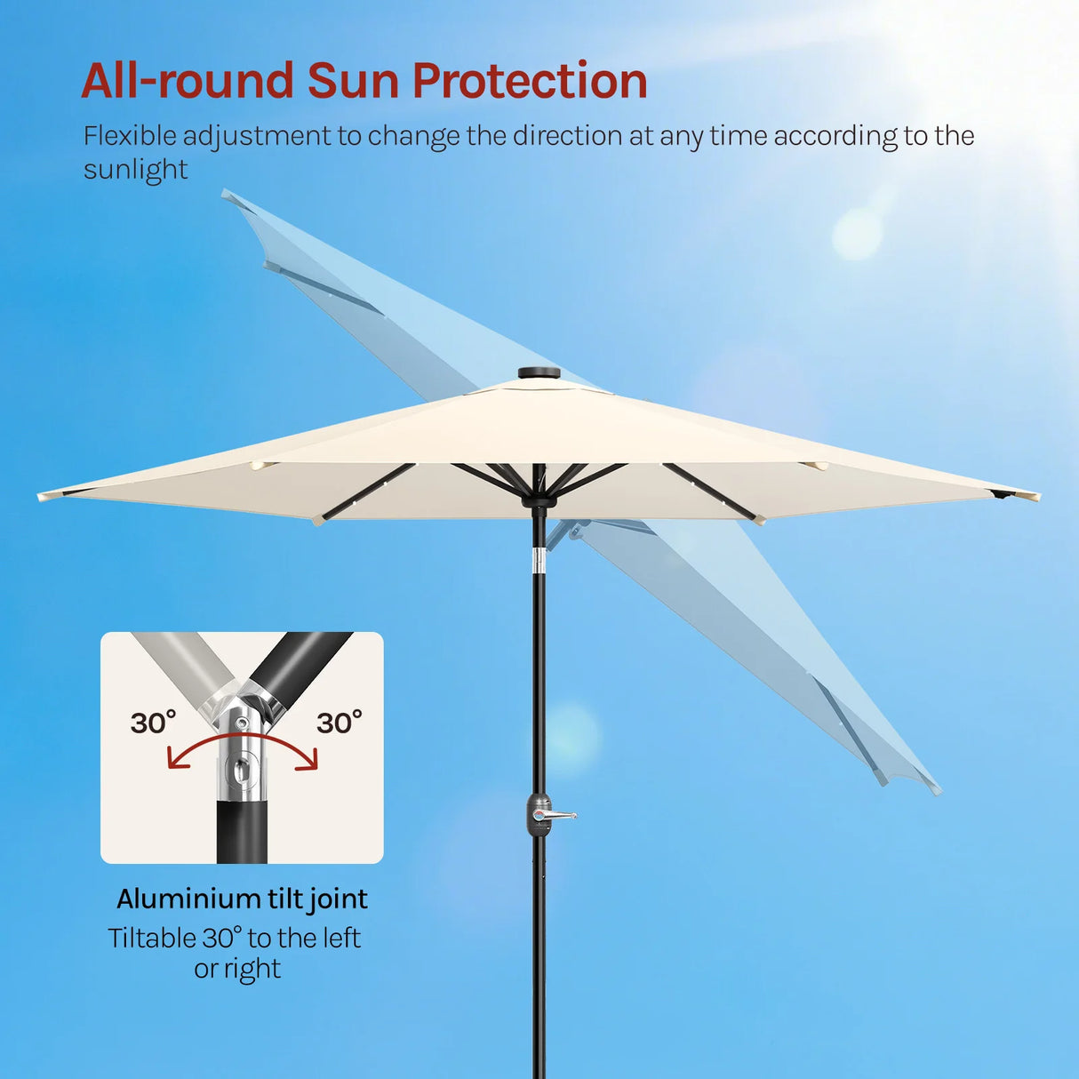 Ronde BukkitBow parasol 300cm met solar LED-verlichting en beschermhoes, ideaal voor buiten ontspanning en schaduw.