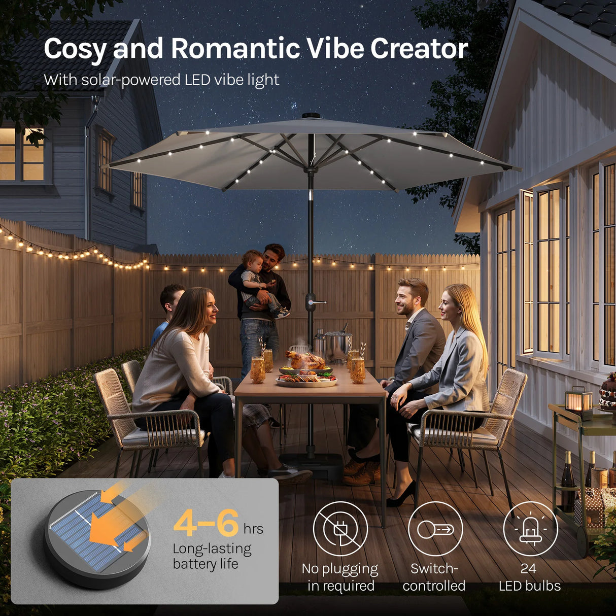 Ronde BukkitBow parasol van 300cm met solar LED-verlichting en beschermhoes, geschikt voor buitengebruik.