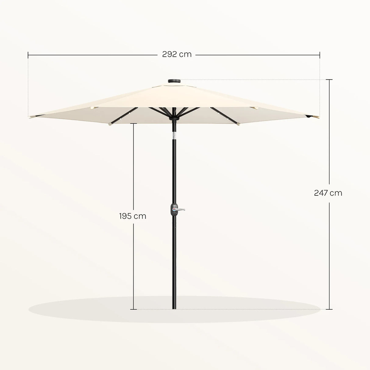 Ronde BukkitBow parasol 300cm met solar LED-verlichting en beschermhoes, ideaal voor buitenoppervlakken.