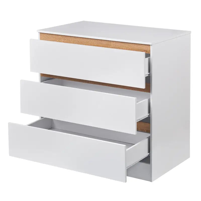 Dressoir van BukkitBow met 3 laden, spaanplaat melamine, 80x48x78cm, duurzaam en veilig ontwerp, in een moderne woonkamer.