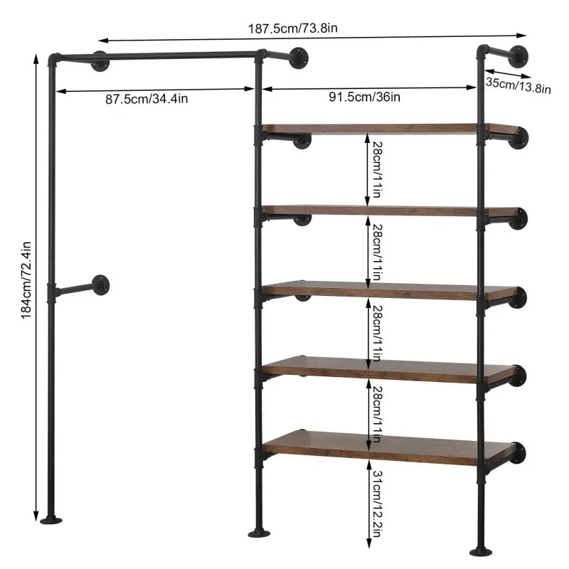 BukkitBow ruimtebesparende muur garderobe in zwart met vintage hout, industrieel stijl, geschikt voor 150kg, kledingrek 187,5x35x184cm