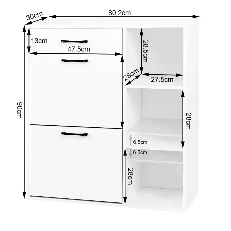 BukkitBow schoenenrek met lade en open compartimenten, ruimtebesparend, zwart, 80x90x30cm, modern design voor schoenenopslag