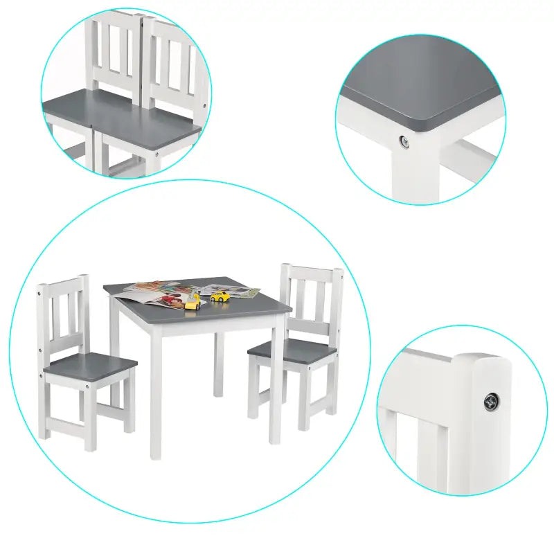 BukkitBow kindertafel met stoelen, compact en veilig ontwerp, afmetingen 60x50x48 cm, geschikt voor kinderen.