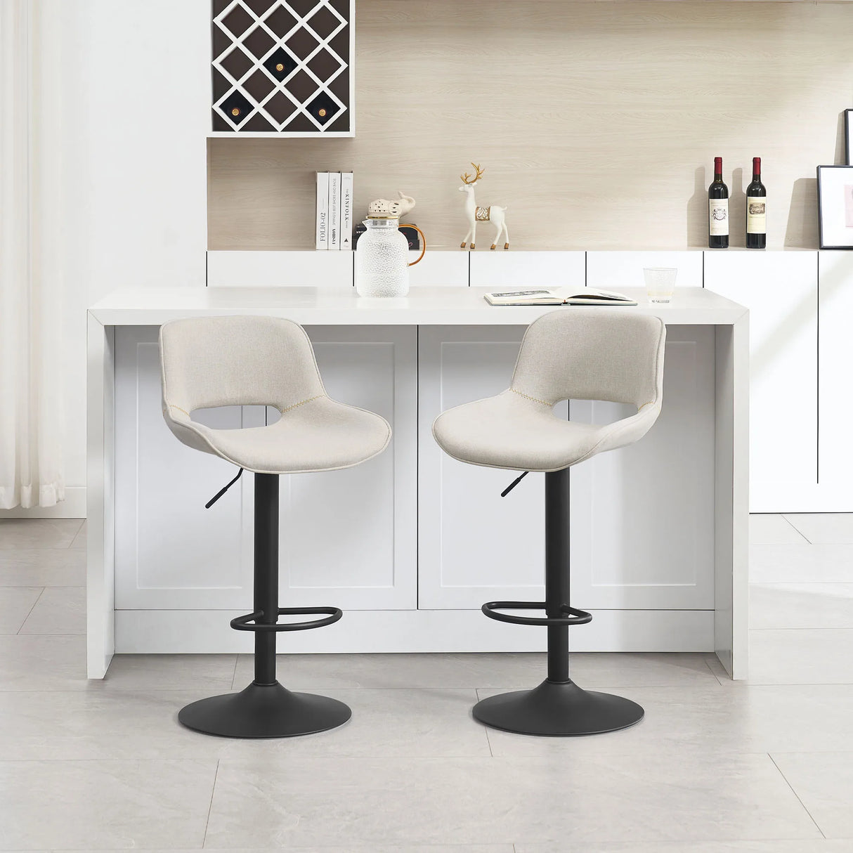 BukkitBow set van 2 verstelbare, draaibare barkrukken met linnen zitting, hoogte instelbaar, modern design