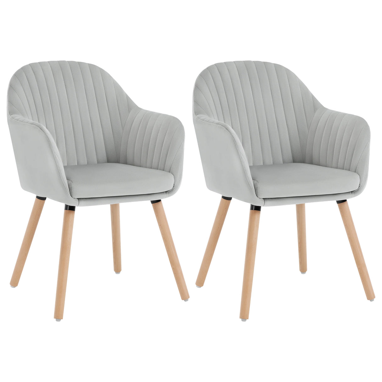 Set van 2 BukkitBow eetkamerstoelen met fluwelen bekleding, armleuningen en houten poten, gestoffeerde zit en rugleuning.