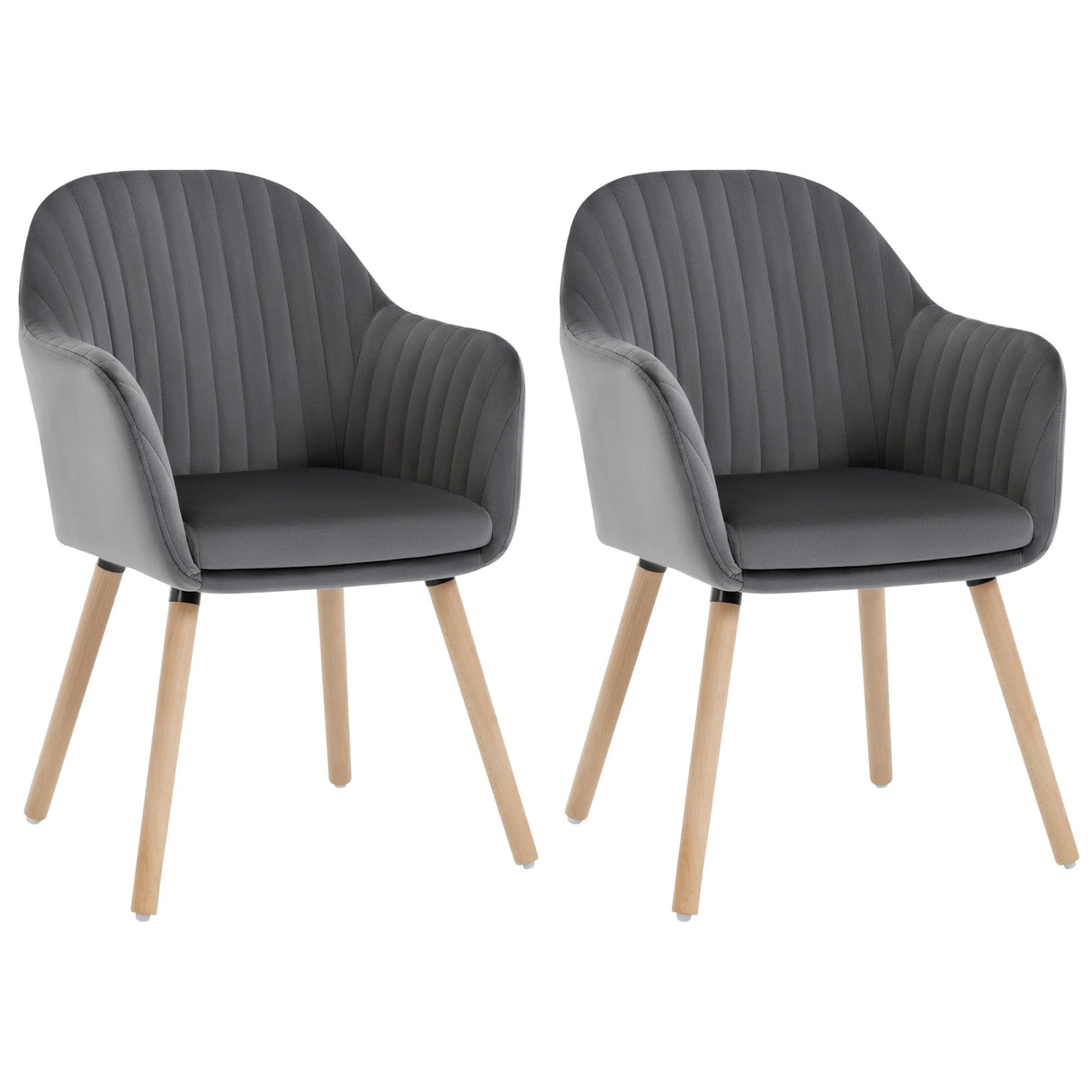 Set van 2 BukkitBow eetkamerstoelen met fluwelen bekleding, armleuningen en houten poten, gestoffeerd voor comfort.