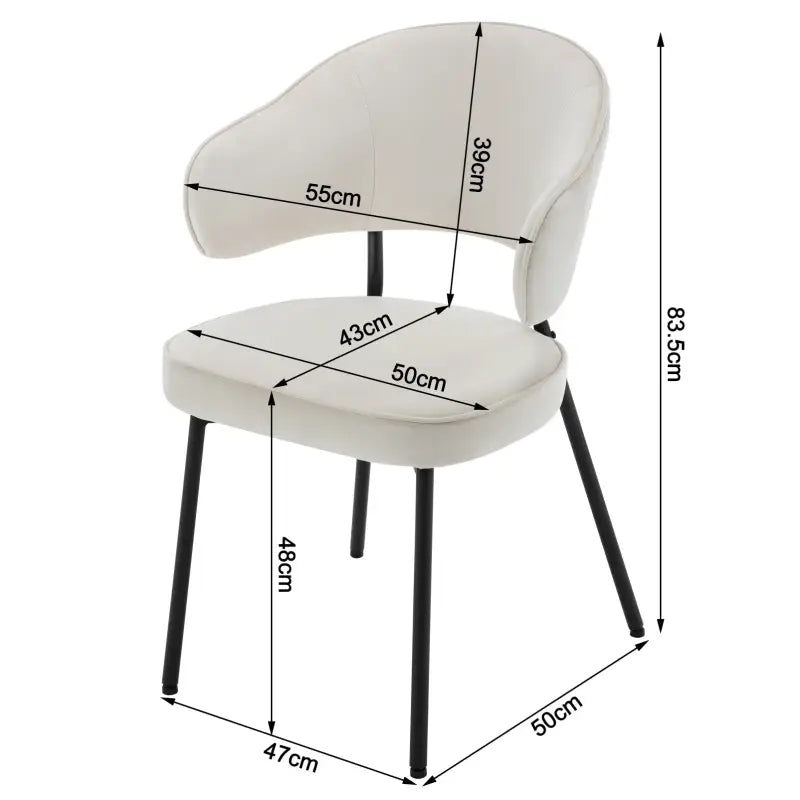Set van 2 BukkitBow fluwelen eetkamerstoelen met metalen poten, brede en comfortabele fauteuils, zithoogte 48 cm.
