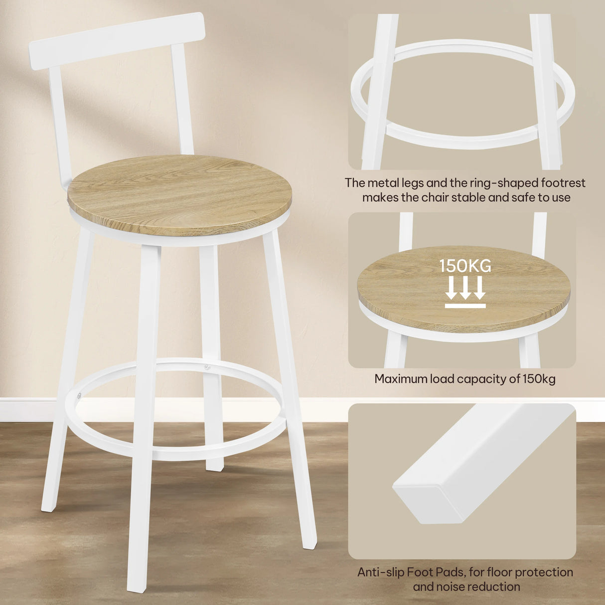BukkitBow set van 2 industriële barkrukken met houten zitting, rugleuning en voetsteun, stalen frame voor keuken en eetkamer.