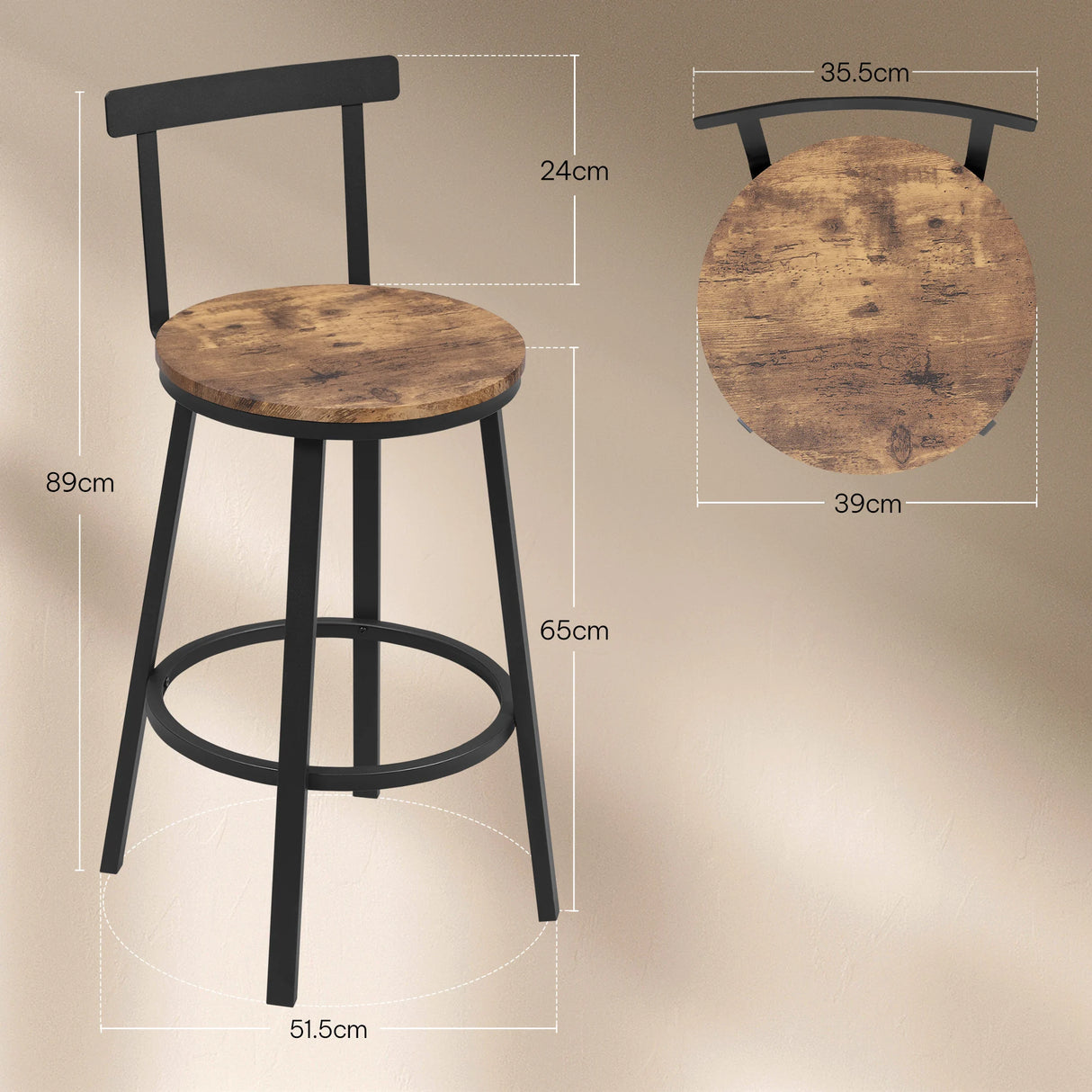BukkitBow set van 2 industriële barkrukken met houten zitting, rugleuning, voetsteun en stalen frame voor keuken en eetkamer