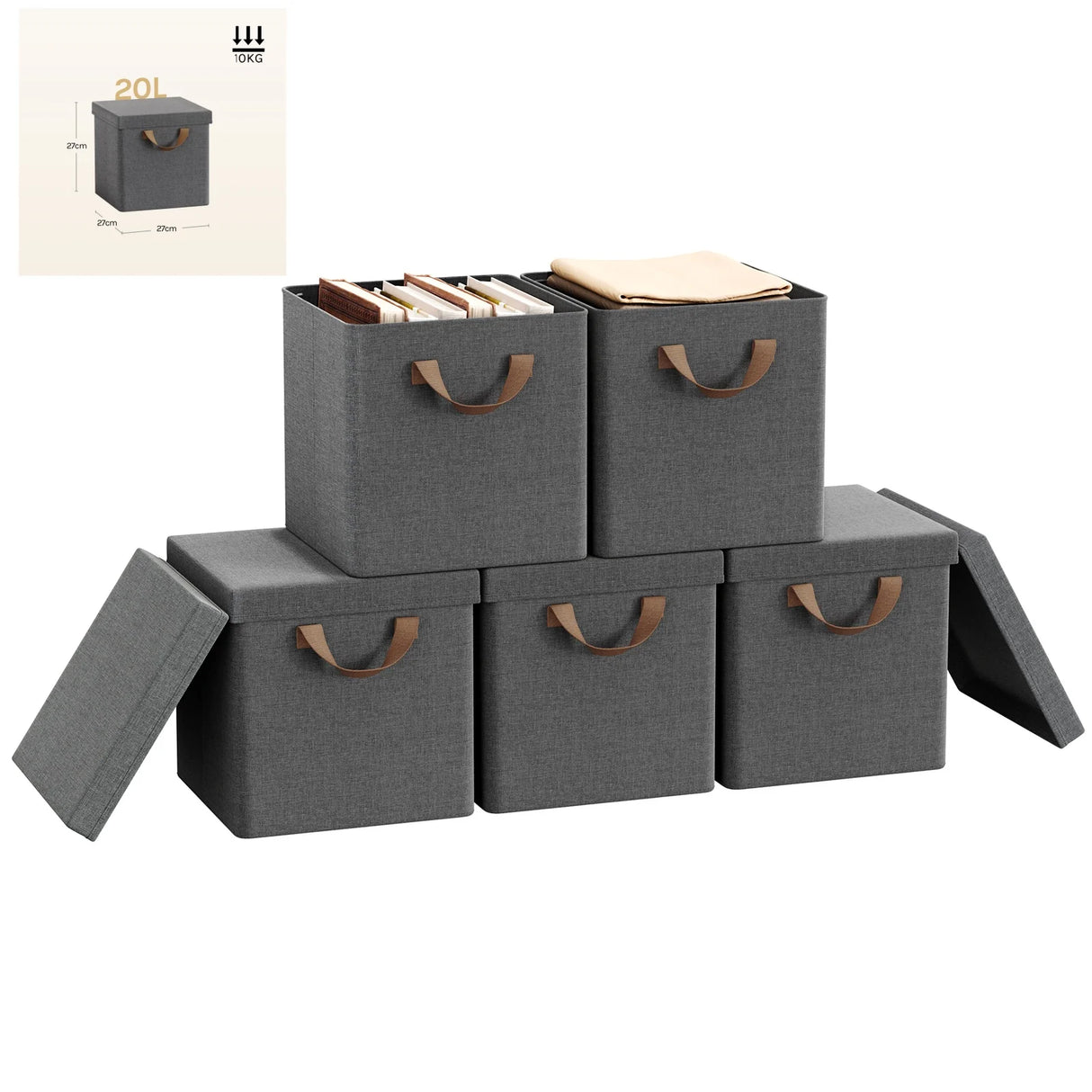 BukkitBow set van 3 of 5 opvouwbare stoffen opbergdozen met deksel, organizer voor overzicht en opslag