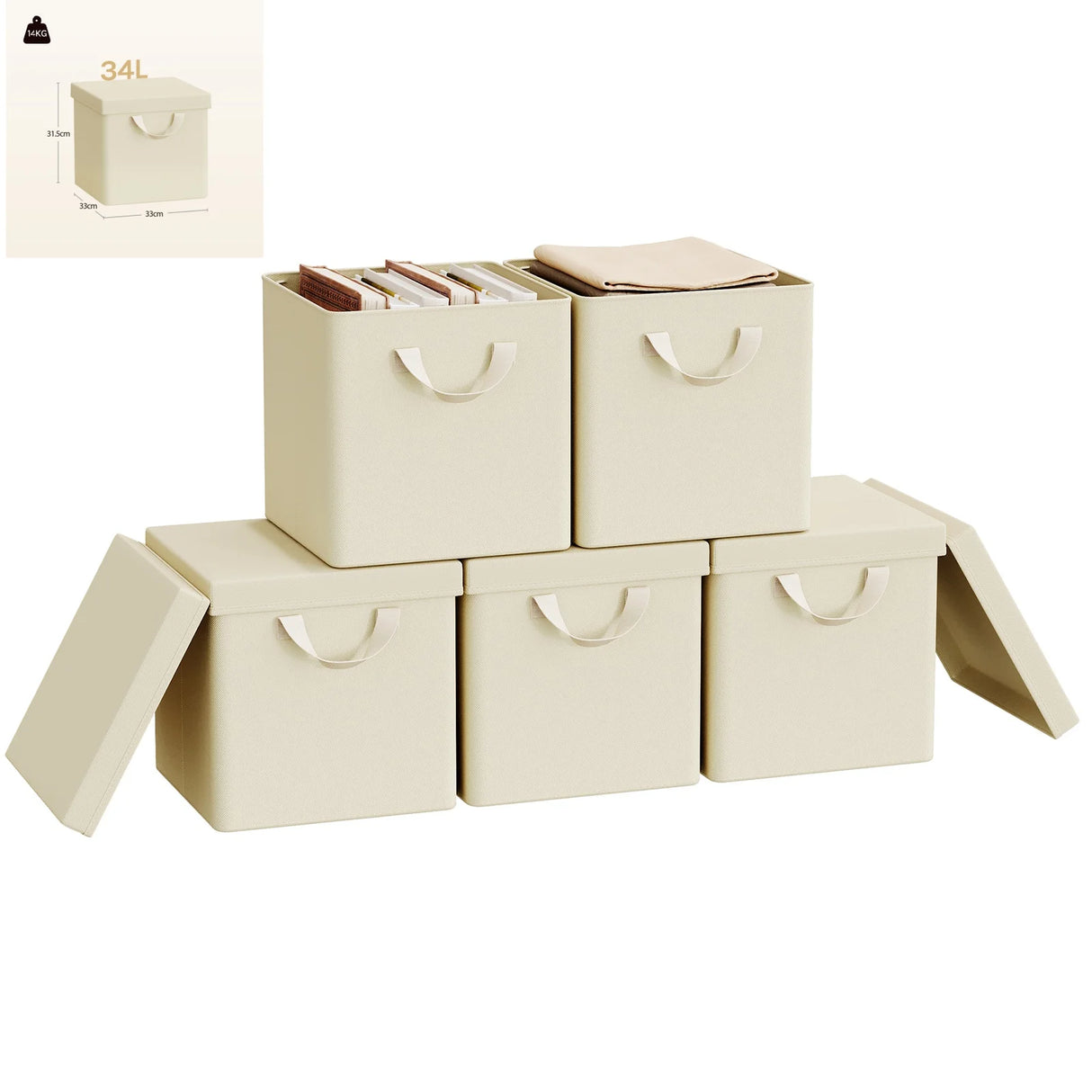 BukkitBow set van 3 of 5 opvouwbare stoffen opbergdozen met deksel, organizer voor kleding en accessoires