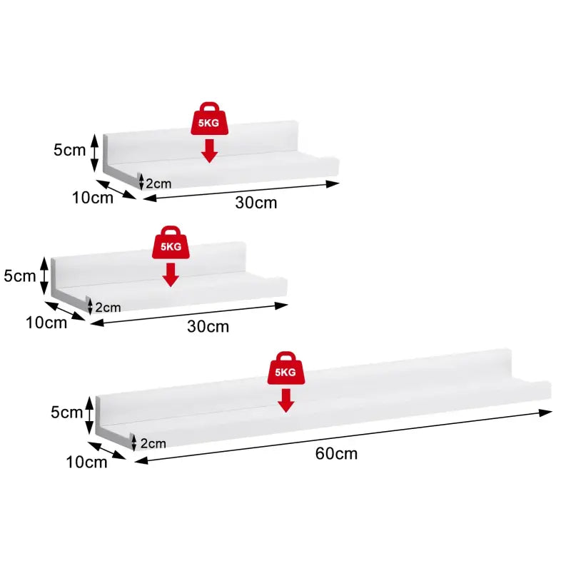BukkitBow set van 3 witte MDF boekenplanken, grote en kleine wandplanken, maximale belasting 5kg, voor stijlvolle opbergruimte.
