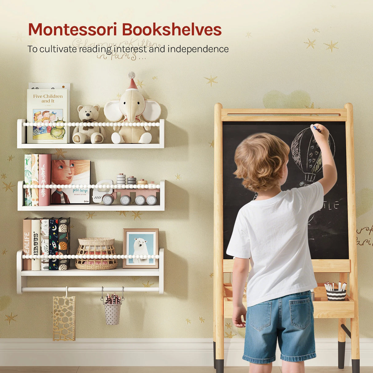 Set van 3 zwevende houten wandplanken van BukkitBow, ideaal als kinderboekenrek of decoratieve muurplanken.