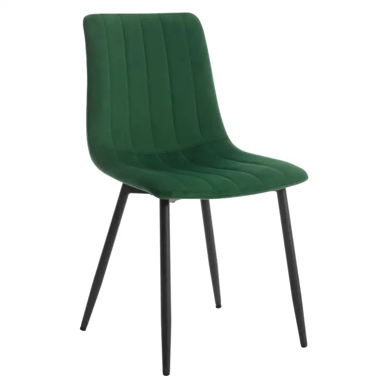 Set van 4 BukkitBow eetkamerstoelen met fluweel of leer, metalen poten en ergonomisch Scandinavisch design.