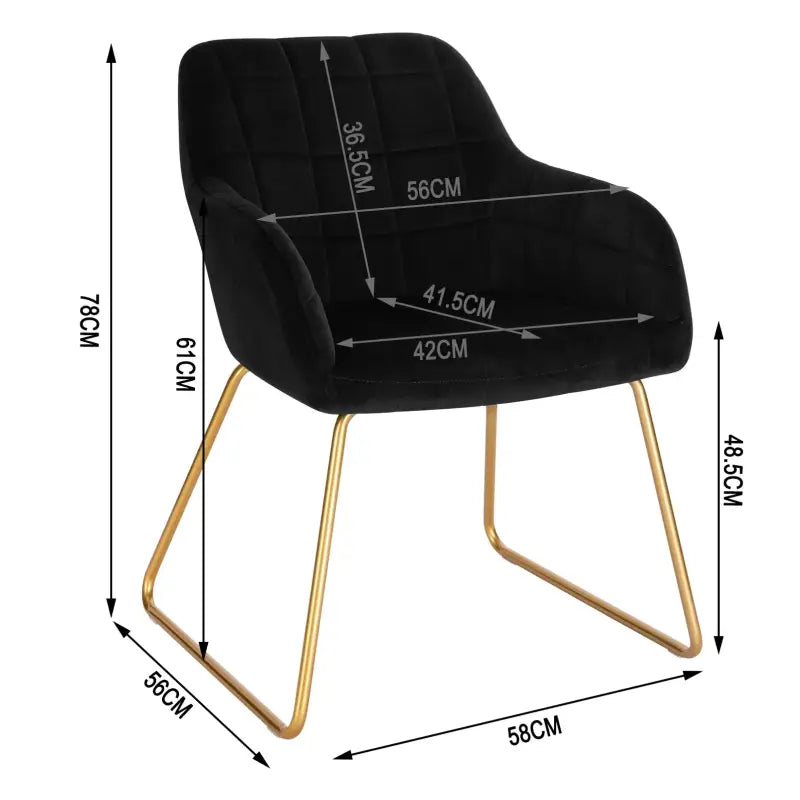 Set van 4 BukkitBow fluwelen eetkamerstoelen met goudkleurig metalen onderstel, comfortabele zithoogte van 48,5 cm.