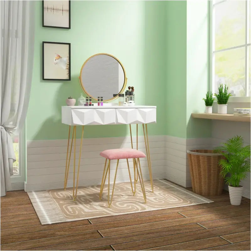 BukkitBow kaptafel en kruk van massief hout met metalen poten en spiegel, stijlvolle make-up tafel en bijpassende kruk.