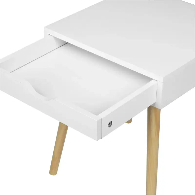 Smal BukkitBow nachtkastje met lade, MDF en massief hout, afmetingen 39,8x40,5x49cm, geschikt tot 5kg.