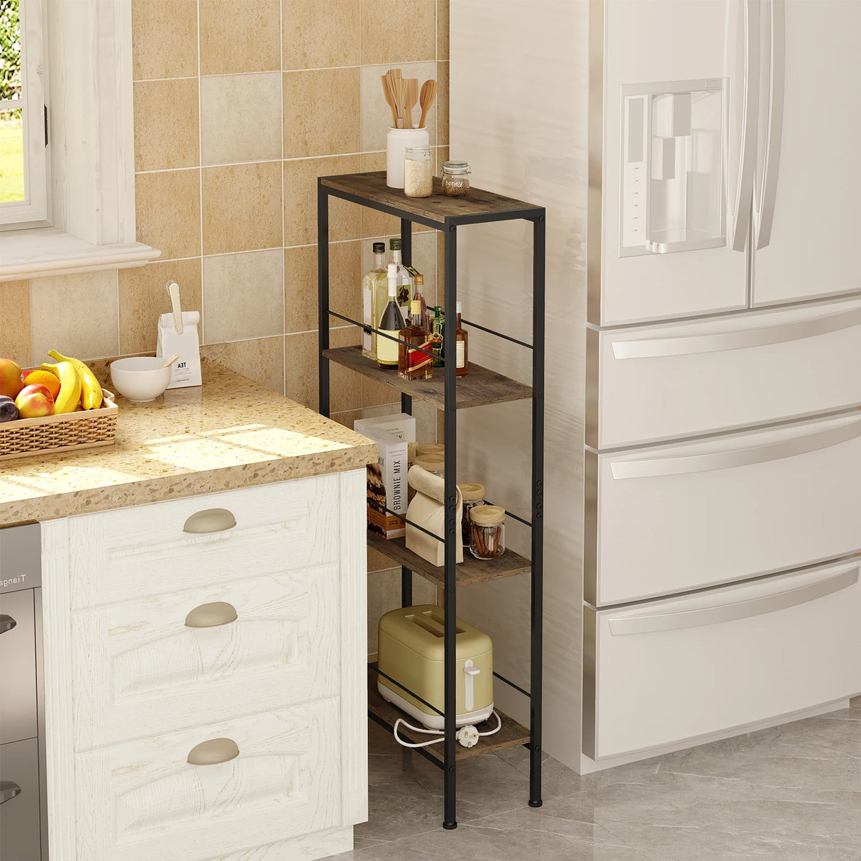 Industrieel metalen opbergrek van BukkitBow met 4 niveaus, compact en geschikt voor kleine niches, zwart metalen frame.
