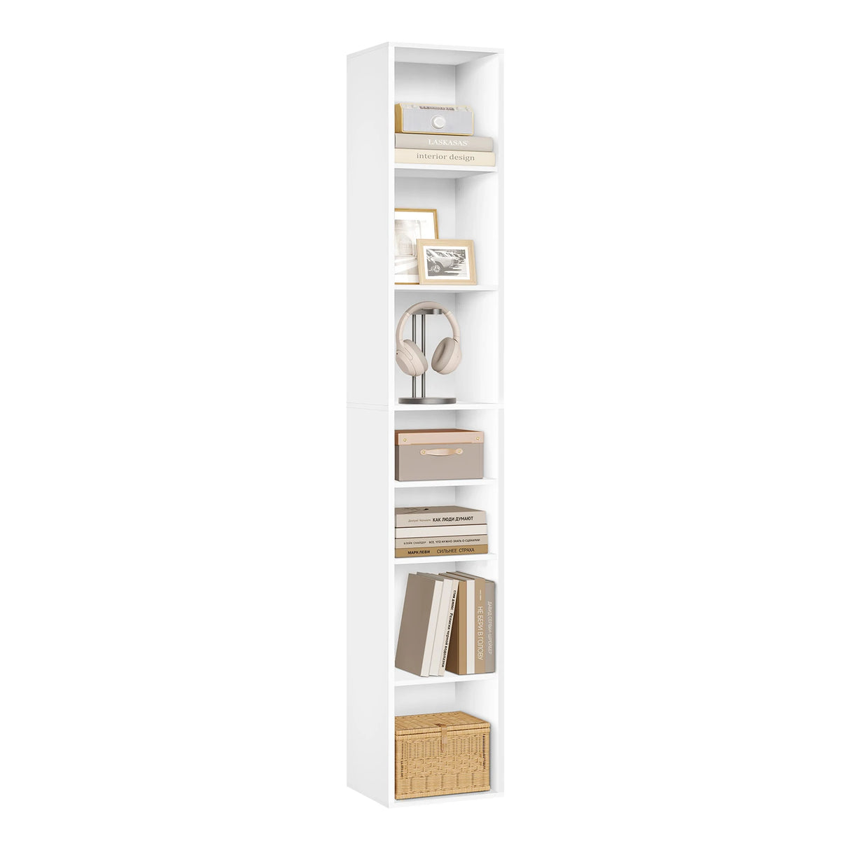 Witte BukkitBow hoge boekenkast met 7 open vakken, 178,5 cm hoog, geschikt voor boeken en decoratie.
