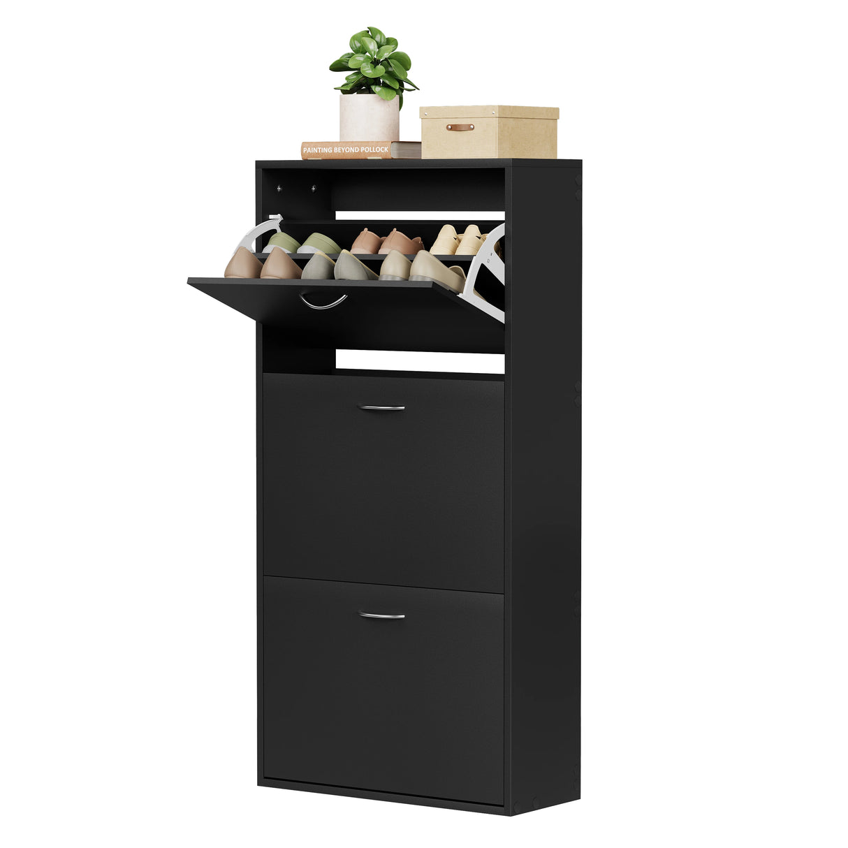 Witte en zwarte schoenenkast BukkitBow met drie kantelbakken, smal en hoog voor schoenenopslag.