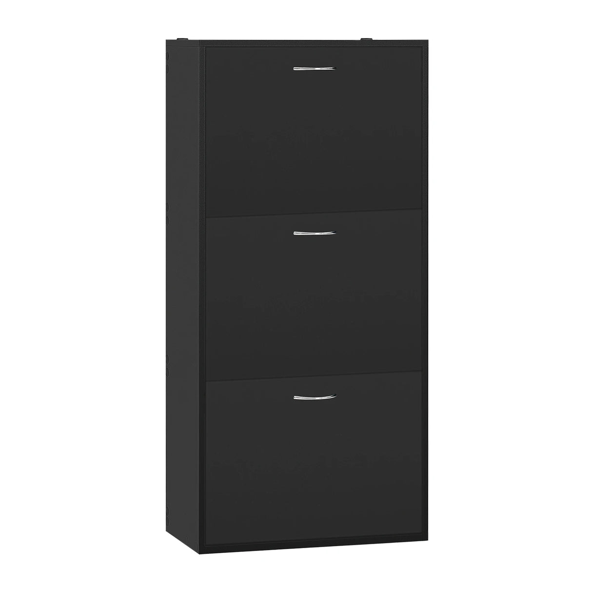 Witte en zwarte hoge schoenenkast van BukkitBow met drie kantelbakken en smal design, ideaal voor op de gang of slaapkamer