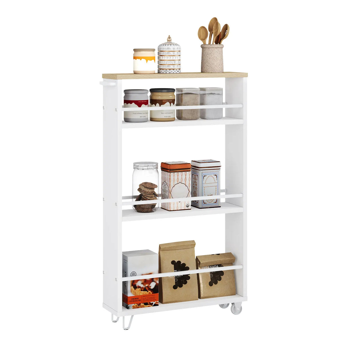 BukkitBow - Smalle Keukentrolley - 3 Lagen - Met Wielen & Rem - Houten Planken & Metalen Frame - Voor Keuken, Badkamer & Kantoor