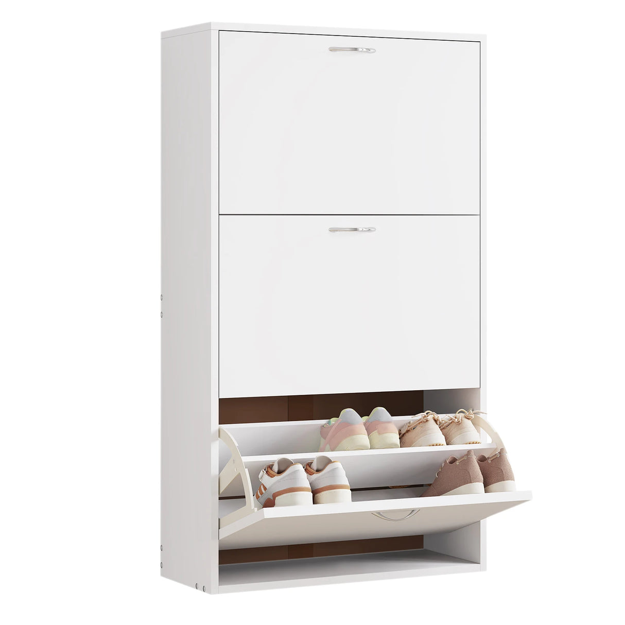 BukkitBow schoenenrek, smalle witte schoenenkast met 3 kantelbare laden, hoog en praktisch voor schoenenopslag