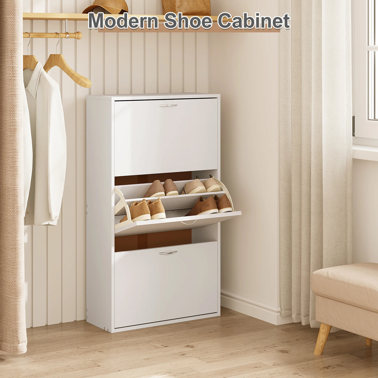 BukkitBow schoenenrek met 3 kantelbare laden, smal wit schoenenkast, hoog model voor nette opslag van schoenen.
