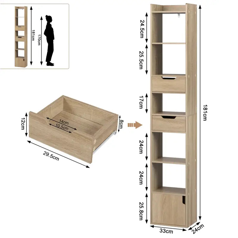 BukkitBow staande boekenkast van eikenhout met melamine fineer, ruime opbergkast met deur en laden, modern design.