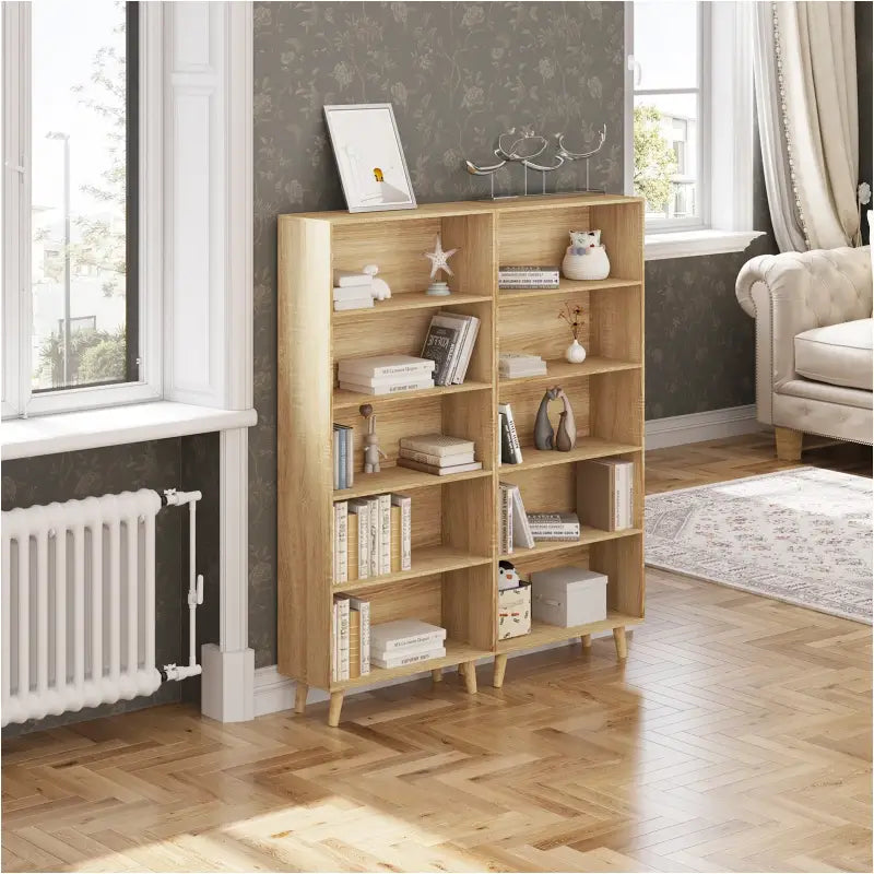 BukkitBow staande boekenkast met 5 compartimenten, houten poten, afmetingen 60x24x144cm, modern en functioneel meubel