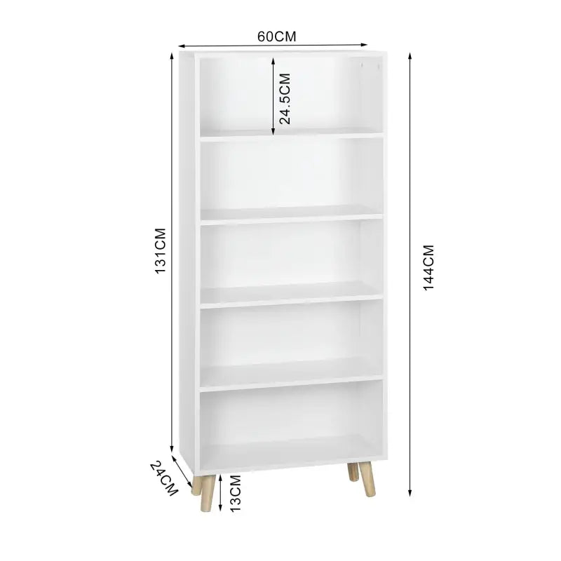 BukkitBow staande boekenkast met 5 compartimenten, houten poten, afmetingen 60x24x144 cm, ideaal voor opbergruimte en decoratie